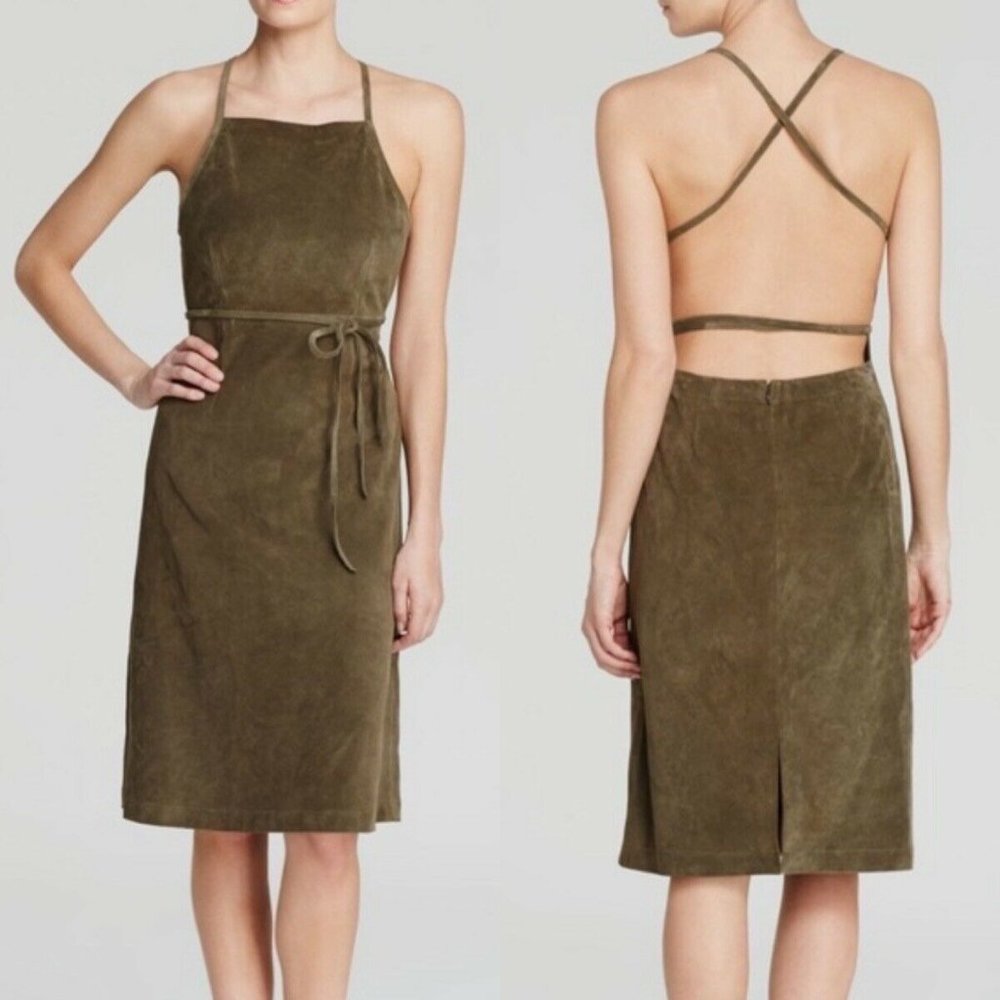 NEW Theory Women's Sz 0 Lilita 100% Cow Leather Olive Green Suede Midi Dress